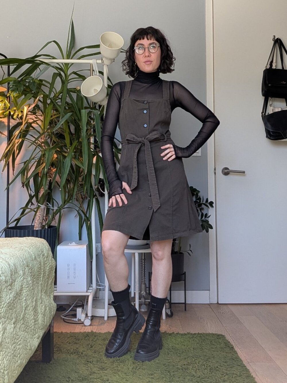 LUNIK open back overall dress in olive green, size small